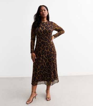 Curves Brown Leopard Print Long Sleeve Mesh Midi Dress