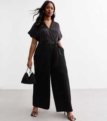 Curves Black Satin Scuba Wrap Jumpsuit