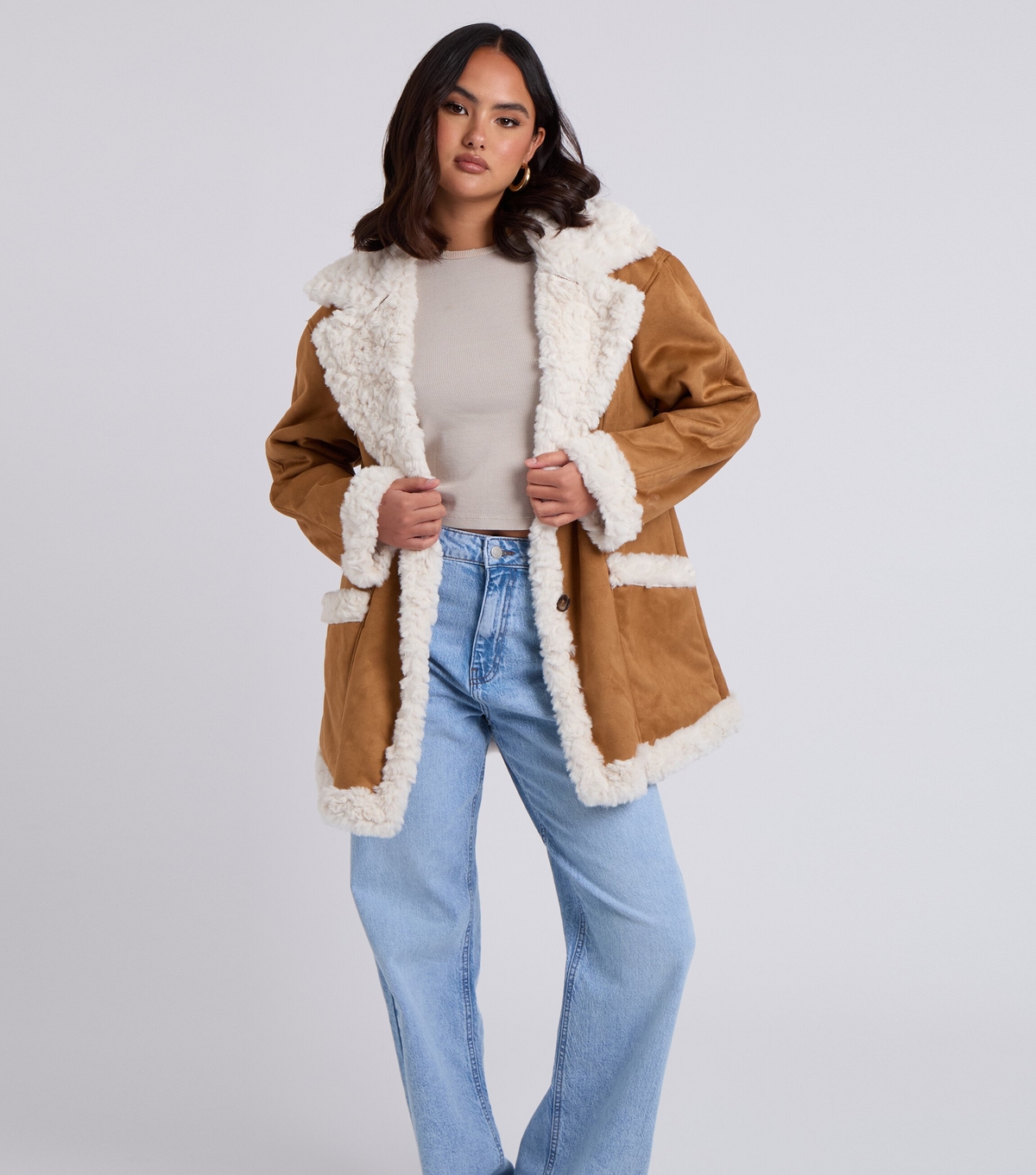 Urban Bliss Women's Rust Tan Faux Fur Trimmed Faux Suede Jacket New Look Uk Size 12