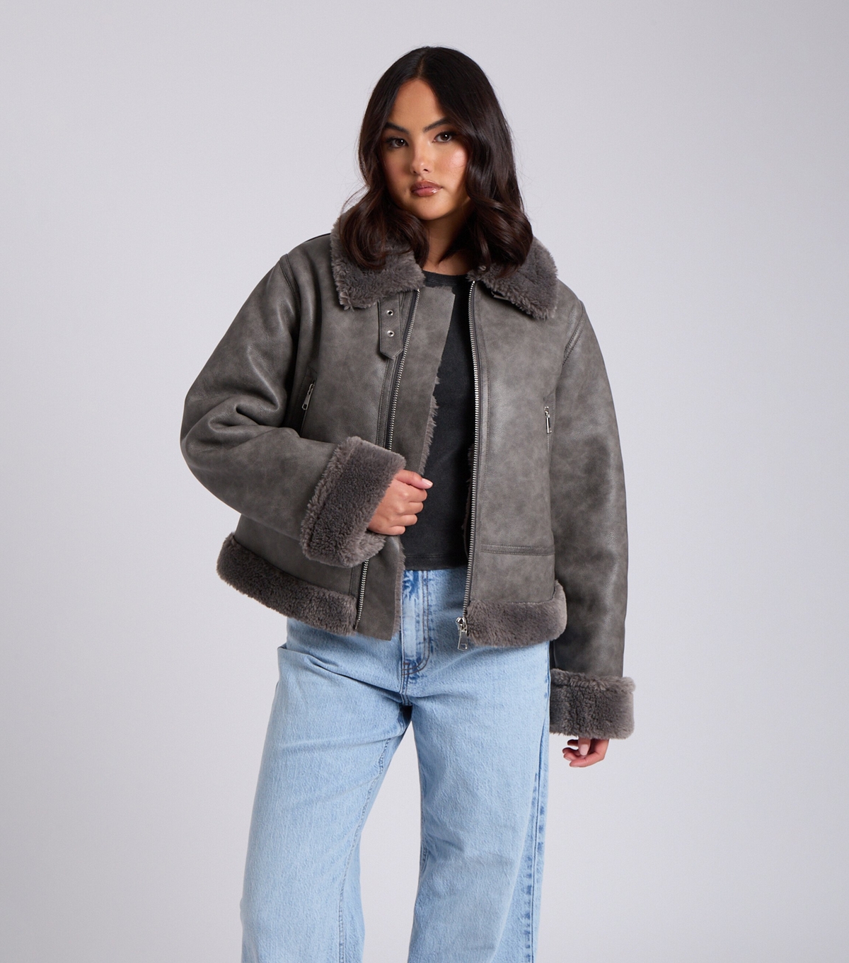 Women's Grey Faux Shearling Aviator Jacket Urban Bliss New Look