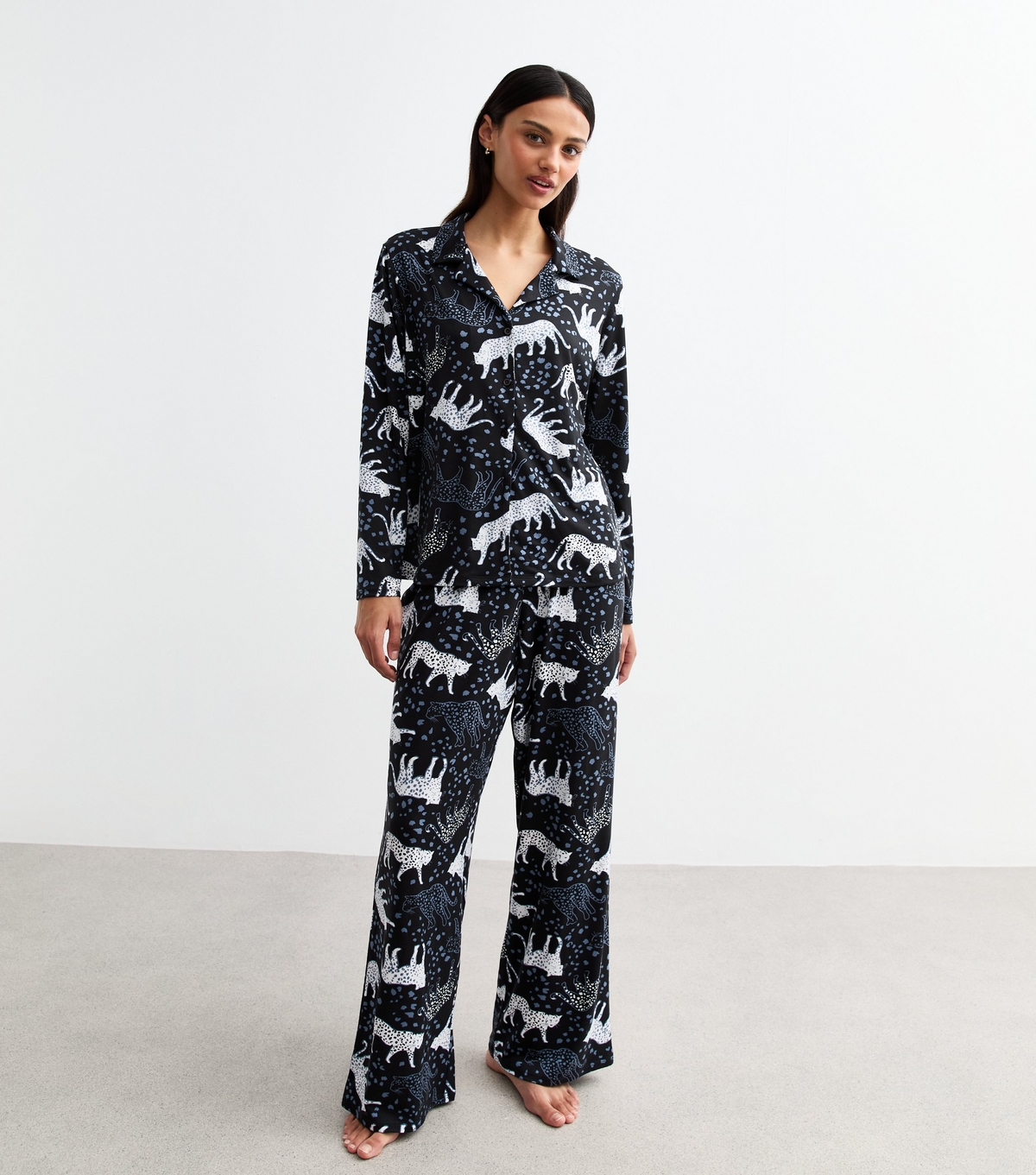 Women's Black Leopard Print Pyjama Set New Look