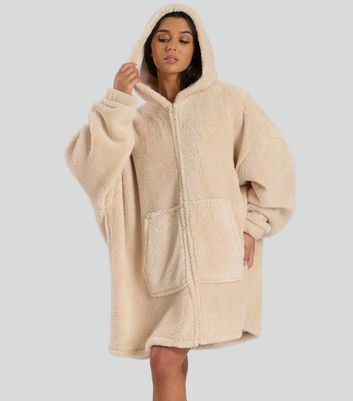 Loungeable Cream Borg Zip Up Oversized Hoodie | New Look
