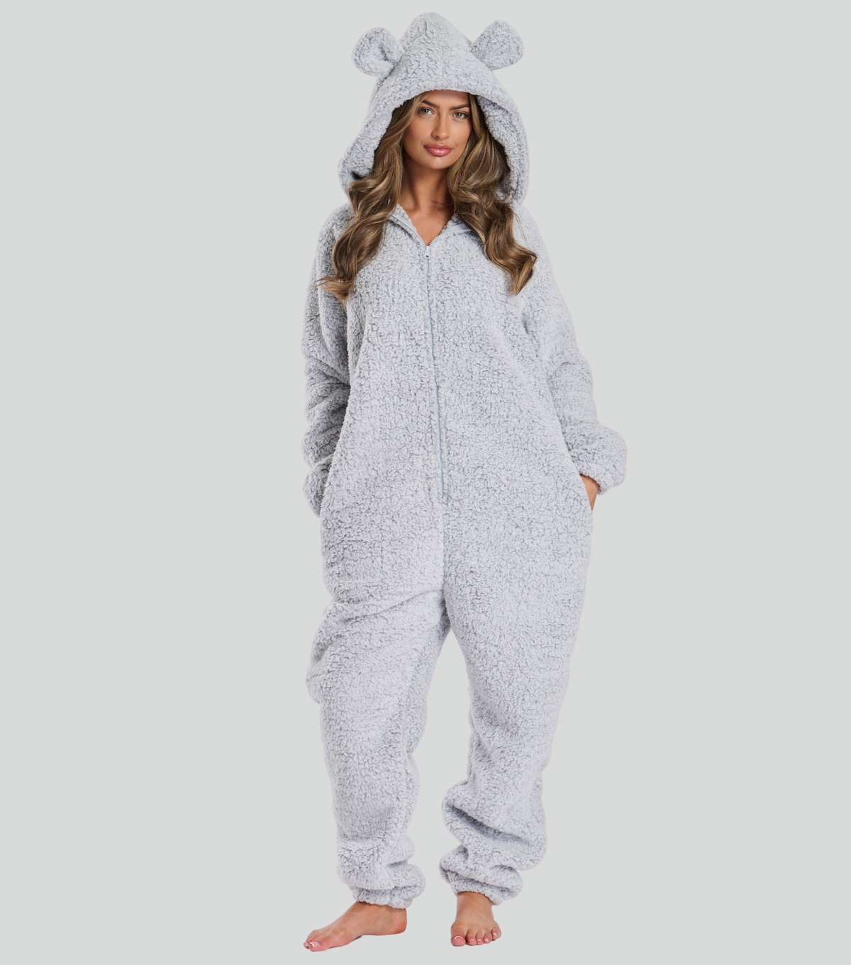 Women's Silver Borg Onesie with Ears Loungeable New Look