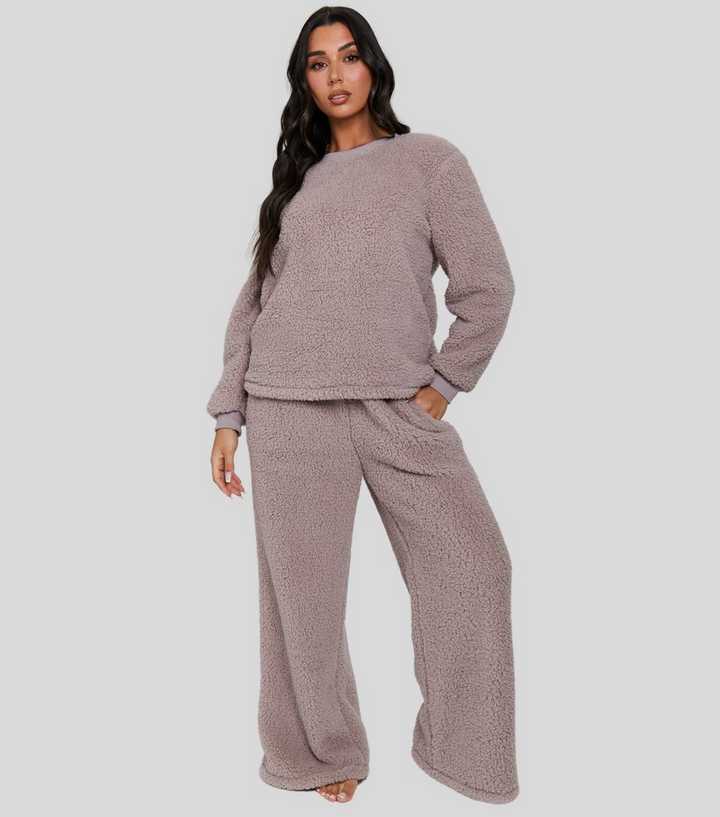 Loungeable Light Brown Borg Pyjama Set