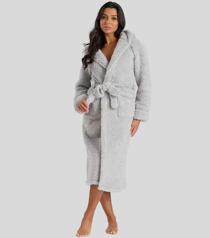 Long Silver Robe Loungeable Silver Borg Hooded Robe | New Look
