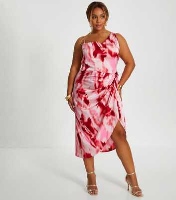 QUIZ Curves Pink Patterned Cowl Neck Chain Strap Midi Dress