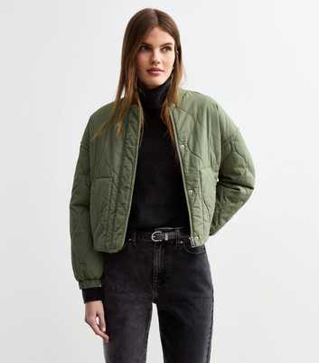 Khaki Stitched Pattern Lightly Padded Bomber Jacket