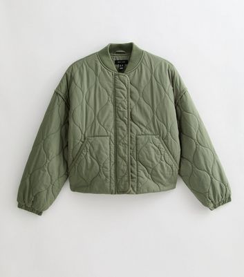Khaki Stitched Pattern Lightly Padded Bomber Jacket New Look