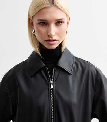 Black Faux Leather Cropped Bomber Jacket