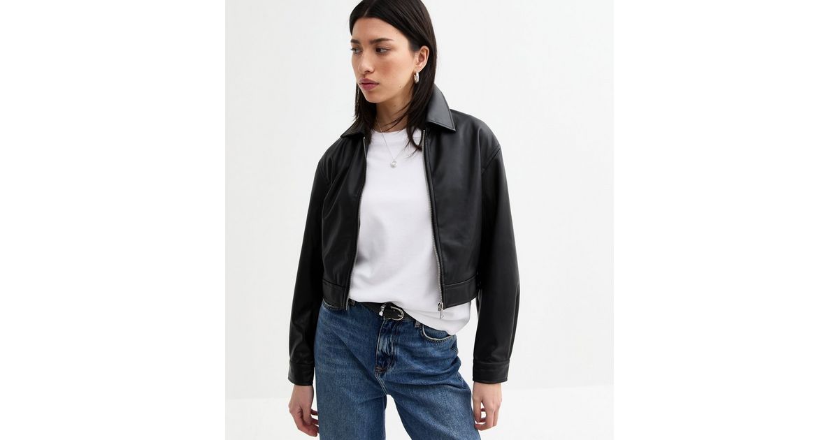 Cropped Faux Leather Bomber Jacket Black