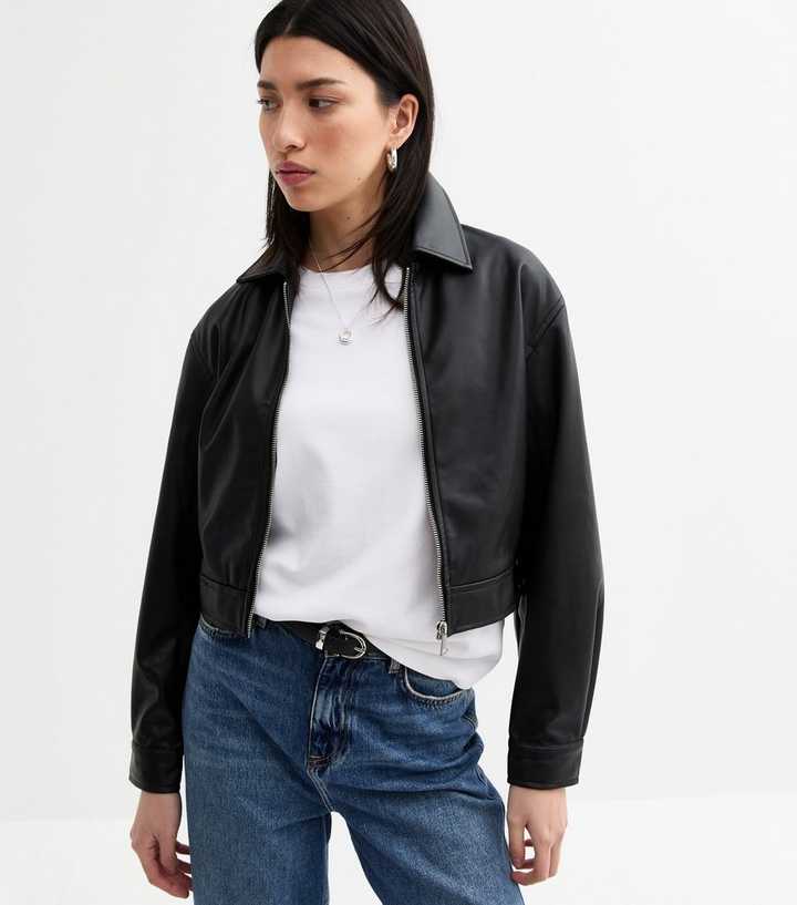 Black Faux Leather Cropped Bomber Jacket