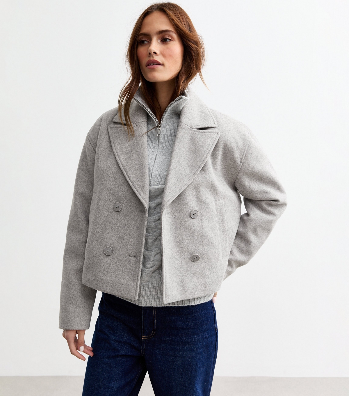 Women's Grey Cropped Pea Coat New Look