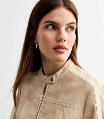 Light Brown Washed Faux Leather Biker Jacket