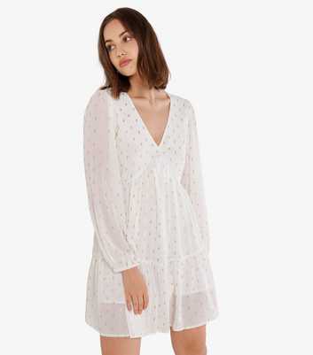 Apricot Off White Foil Leaf Print Puff Sleeve Mini Dress