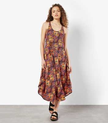 Apricot Orange Abstract Print Curved Hem Midi Dress