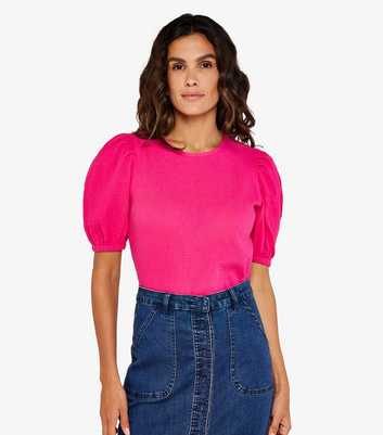 Apricot Bright Pink Cotton Puff Sleeve T-Shirt