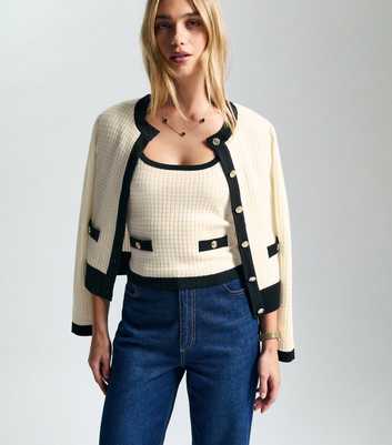 White Contrast Trim Waffle Knit Cardigan