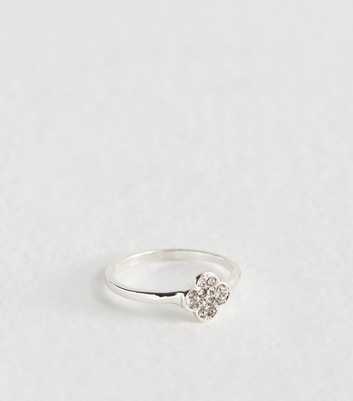 Silver Tone Flower Diamanté Ring