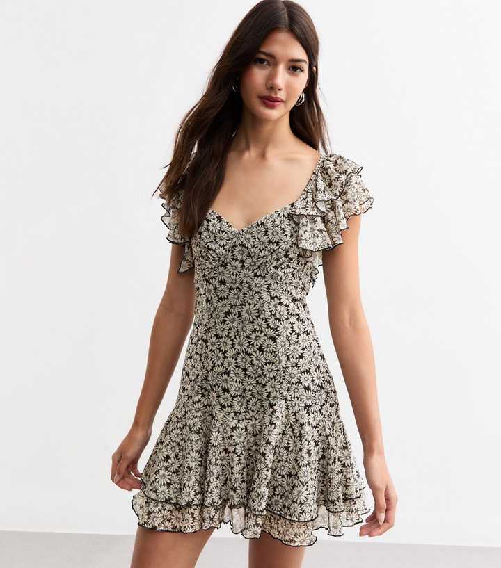 Black Daisy Print Mesh Ruffle Micro Mini Dress | New Look