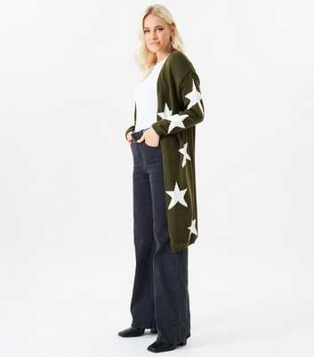 Gini London Khaki Star Knit Long Cardigan