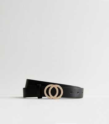 Black Diamantè Buckle Faux Leather Belt