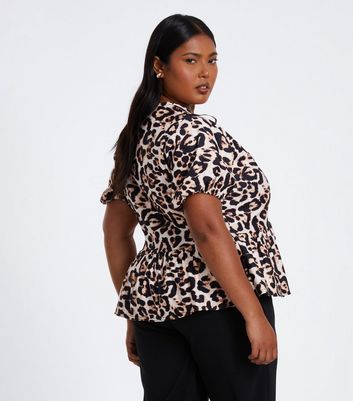 QUIZ Curves Light Brown Leopard Peplum Top New Look