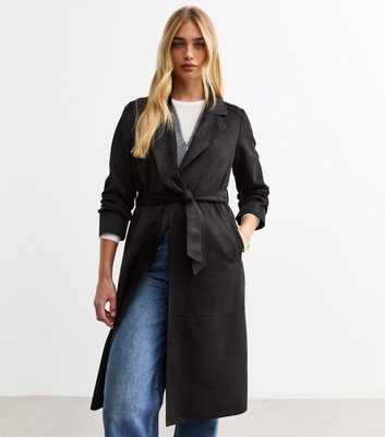 Black Unlined Belted Faux Suede Jacket