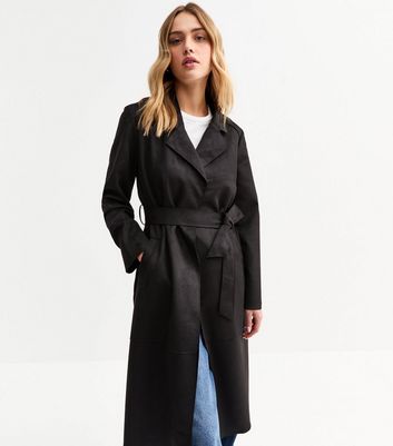 Black Unlined Belted Faux Suede Jacket New Look