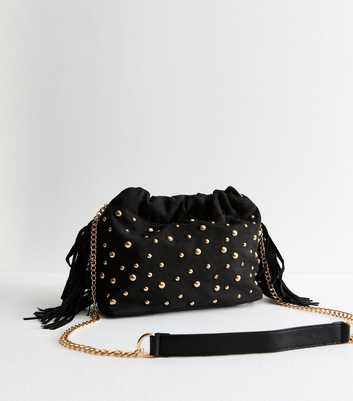 Black Faux Suede Studded Pouch Crossbody Bag