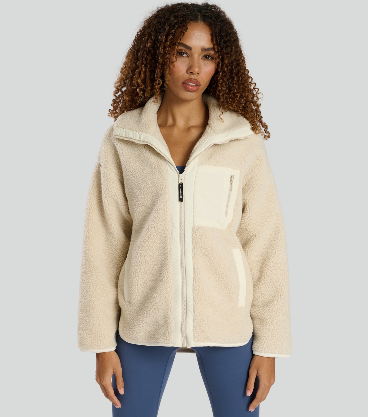 Women's Cream High Neck Borg Jacket South Beach New Look