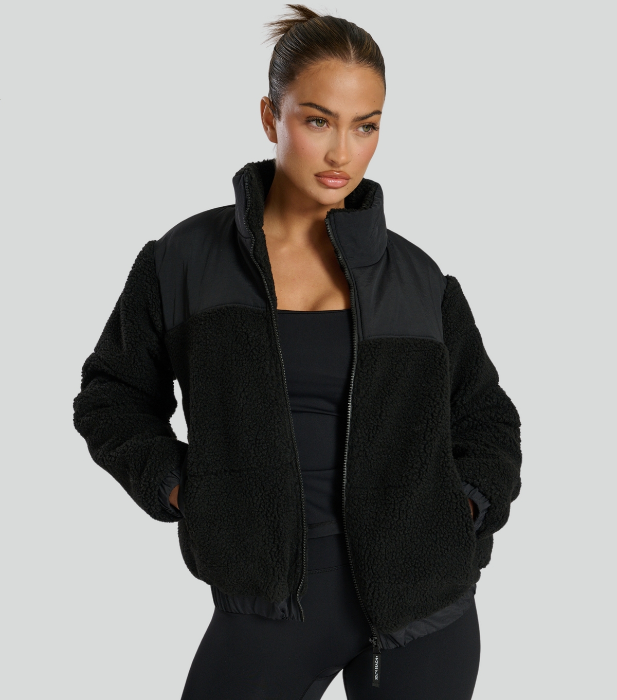 Women's Black Panelled Borg Jacket South Beach New Look