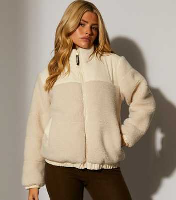 South Beach Cream Contrast Panel Borg Zip Up Jacket