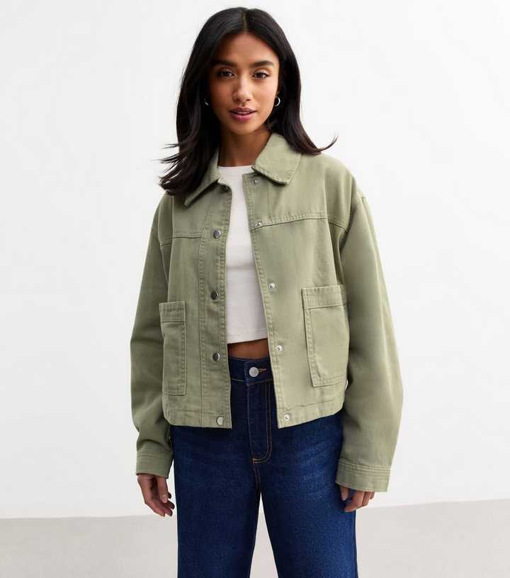 Petite Olive Green Cropped Shacket | New Look