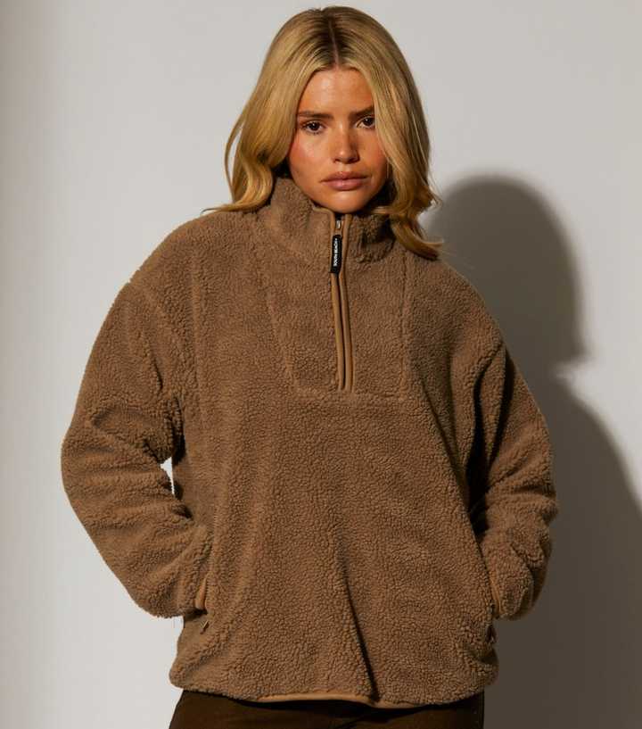 South Beach Light Brown Quarter Zip Borg Jacket
