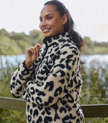 South Beach Brown Leopard Quarter Zip Borg Jacket New Look