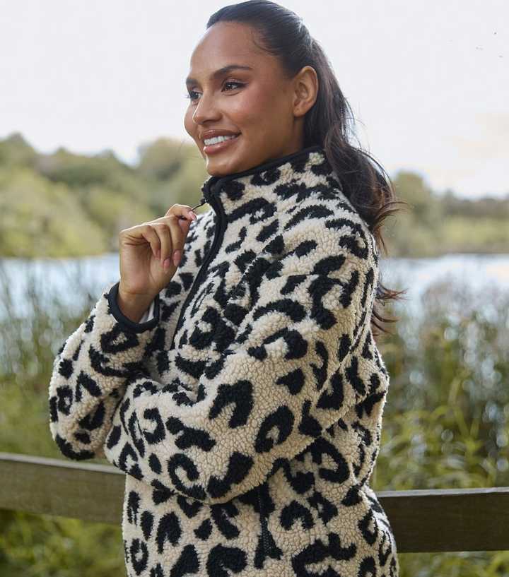 South Beach Brown Leopard Quarter Zip Borg Jacket