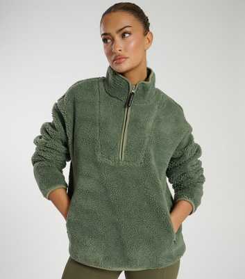 South Beach Green Quarter Zip Borg Jacket