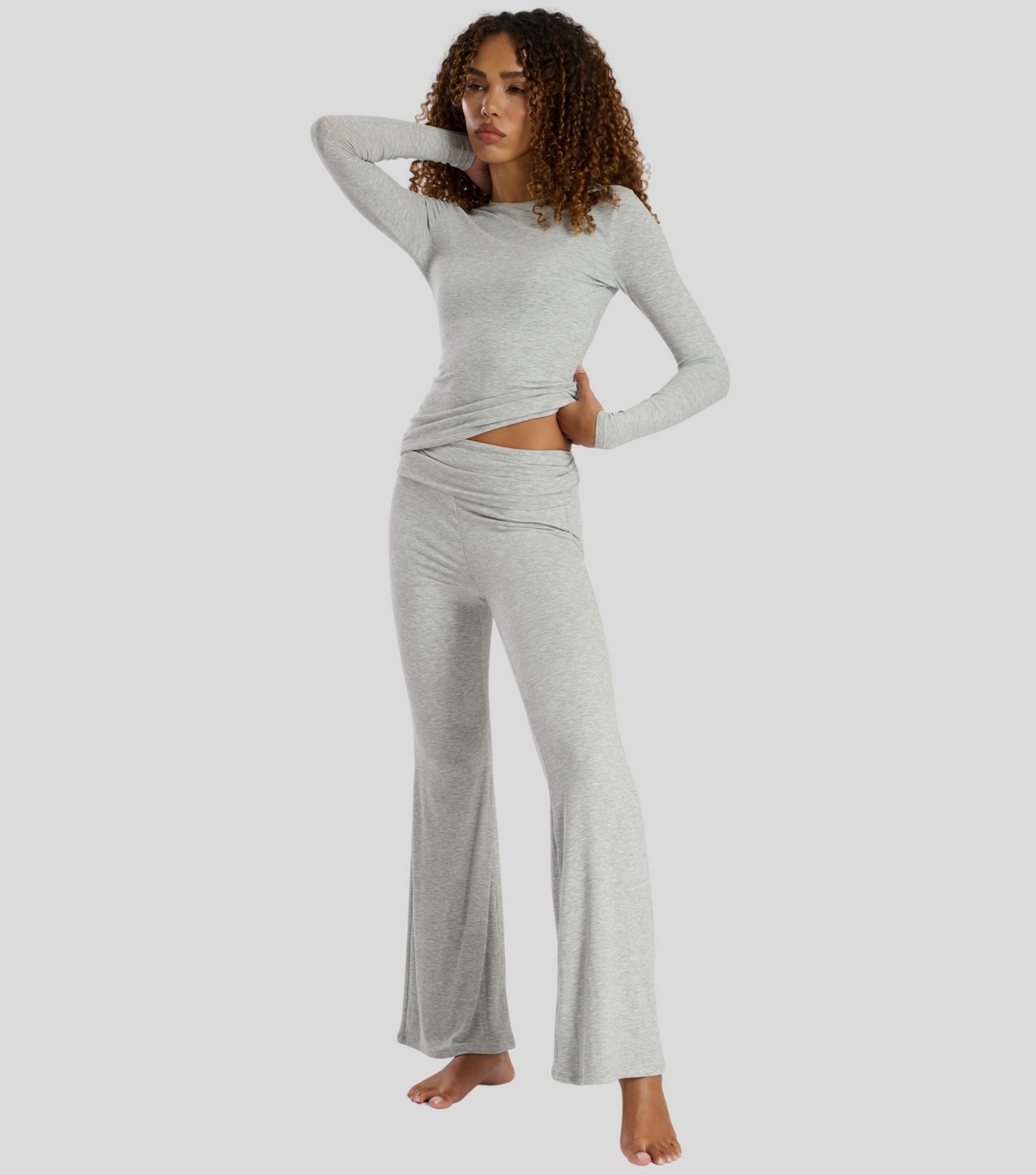 Women's Light Grey Rib Jersey Fold Over Flared Trousers South Beach New Look