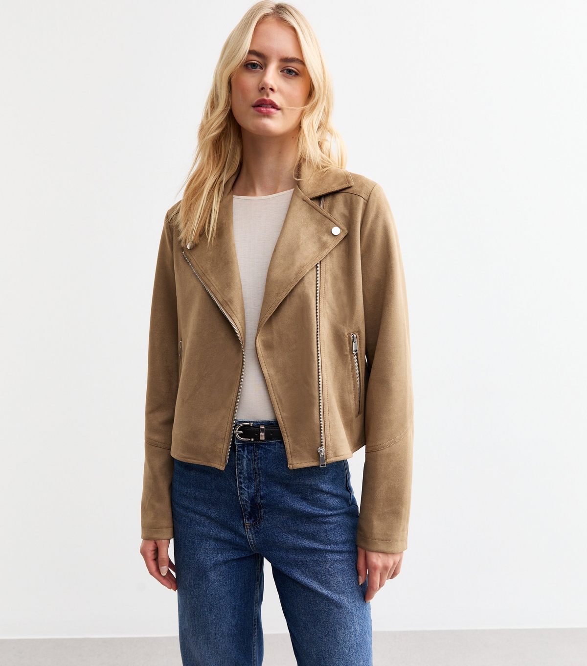Women's Tall Camel Faux Suede Biker Jacket New Look