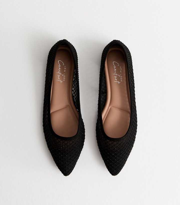Black Embellished Mesh Ballet Pumps 