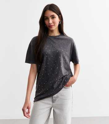 Dark Grey Acid Wash Diamante Embellished Jersey T-Shirt