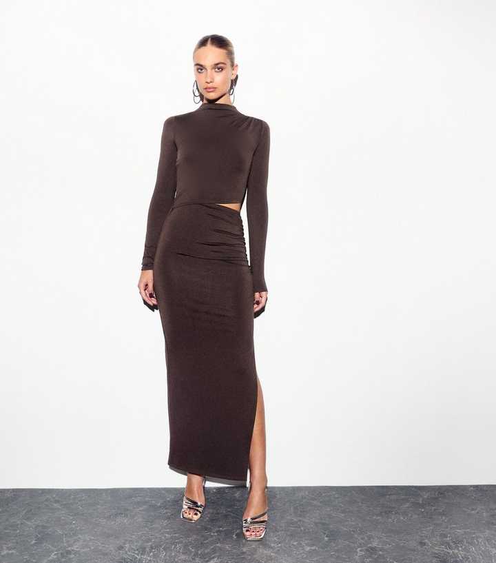 Brown Cut Out Long Sleeve Maxi Dress