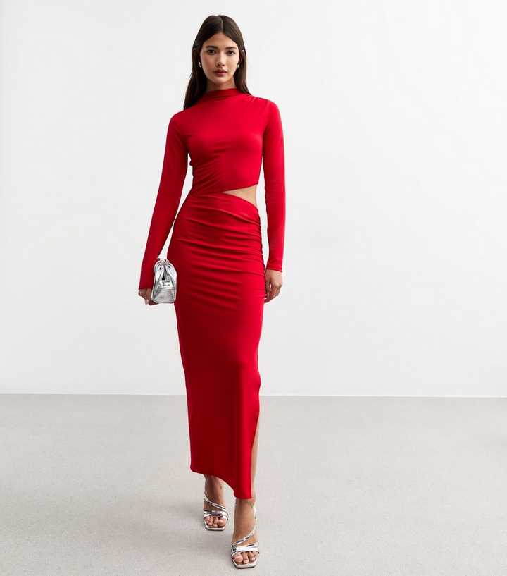 strapless open back dress My Moment Red Long Sleeve Ruched Detail Midi Dress main image 0