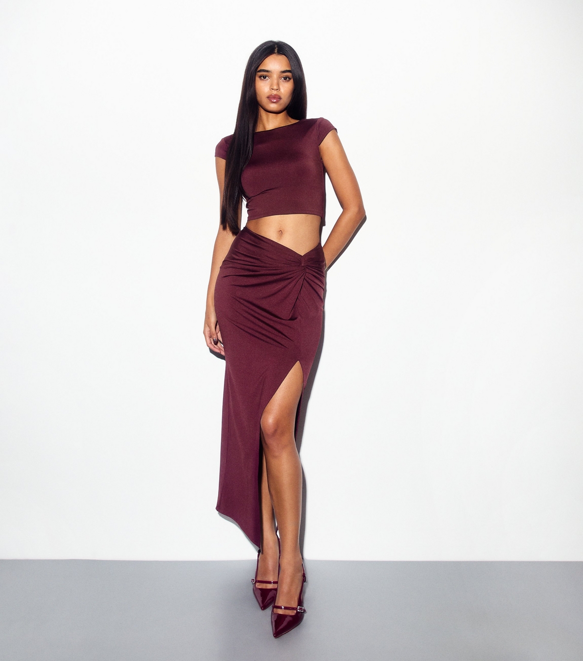 Women's Burgundy Knot Waist Maxi Skirt New Look