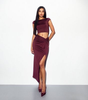 Burgundy Knot Waist Maxi Skirt New Look