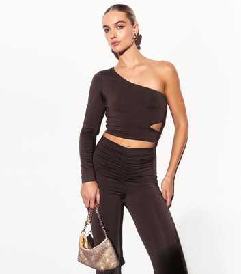 Brown One Shoulder Long Sleeve Crop Top 