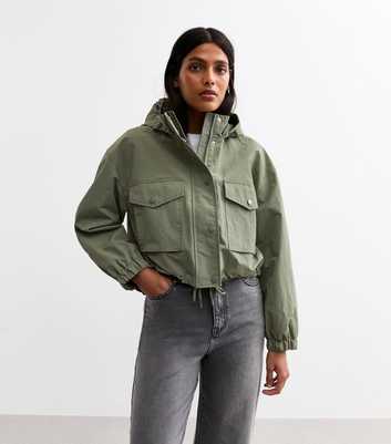 Khaki Cropped Hooded Parka Jacket