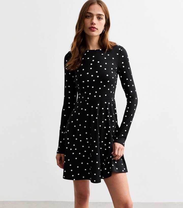 Black Bow Detail Polka Dot Skater Mini Dress | New Look Black Bow Detail Polka Dot Skater Mini Dress | New Look