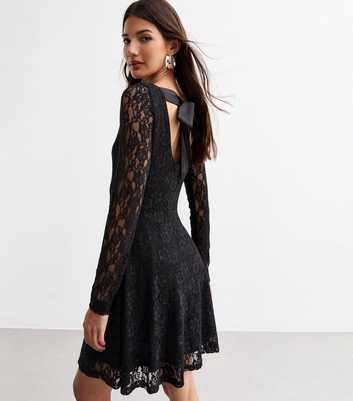 Black Floral Lace Tie Detail Skater Mini Dress