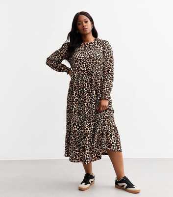 Curves Brown Jersey Leopard Print Midi Dress